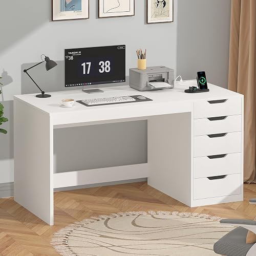 47 Inch Computer Desk with 5 Drawers and Power Outlets for Small Spaces | Home Office Desks with Storage File Cabinet and Charging Station, Modern Simple Laptop Desk Writing Table, White