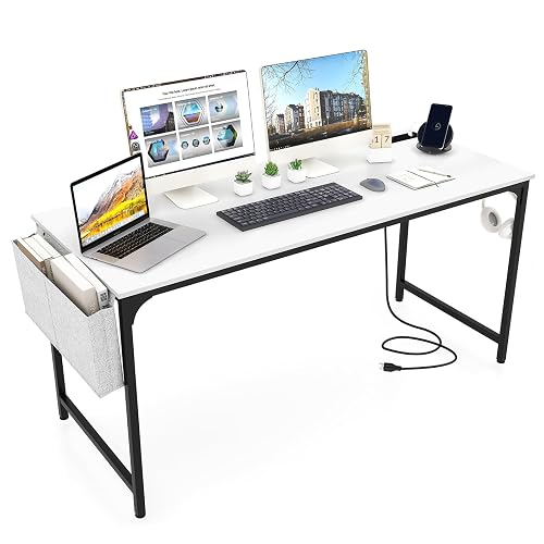 Giantex 60 Inch Computer Desk with Charging Station, Home Office Writing Desk with Storage Bag & Headphone Hook, Large Gaming Table PC Workstation, Modern Simple Laptop Desk for Bedroom, Study