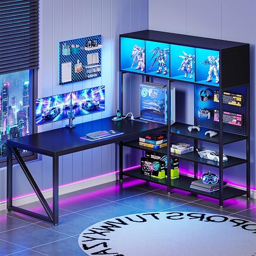 AODK 63" L Shaped Gaming Desk with Display Hutch and Large Desktop, Black | PC Tower Display Shelf, Pegboard, Storage Shelves, LED Lights, Power Outlets, Reversible Layout for Gaming and Home Office