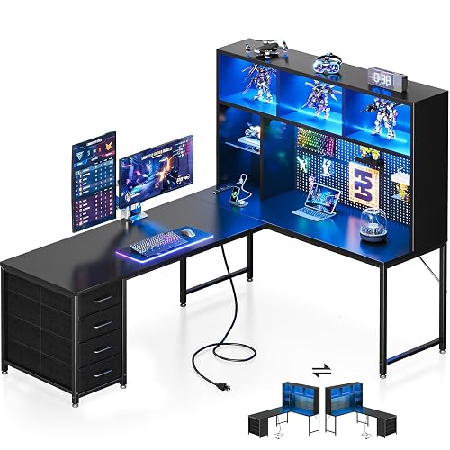 AODK 63" L Shaped Desk for Gaming and Working，Black | PC Desk with Hutch, Pegboard & Shelves, 4 Drawers, Integrated LED Light Strip & Power Outlets, Reversible