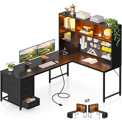 AODK 63" L Shaped Desk for Gaming and Working，Black | PC Desk with Hutch, Pegboard & Shelves, 4 Drawers, Integrated LED Light Strip & Power Outlets, Reversible