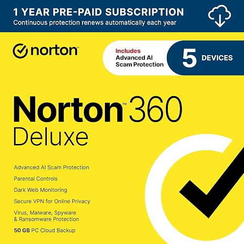Norton 360 Deluxe Antivirus, 5 Devices, Auto-Renews [Download] | Includes AI Scam Protection, Advanced VPN, Dark Web Monitoring, & PC Cloud Backup