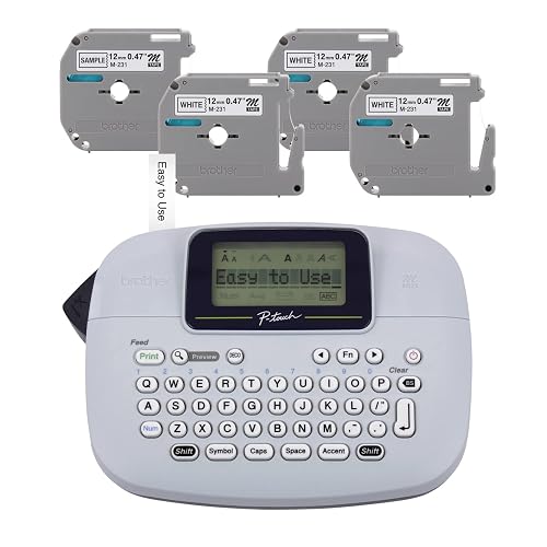 Brother PT-M95 P-Touch Monochrome Label Maker Bundle (4 Label Tapes Included),White