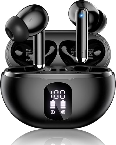Wireless Earbuds, Bluetooth 5.4 Ear Buds Bass Stereo, Headphones with Noise Cancelling Mic, LED Display in Ear Earphones Clear Calls, IP7 Waterproof Bluetooth Earbuds for Phone/Android/iPad, Black