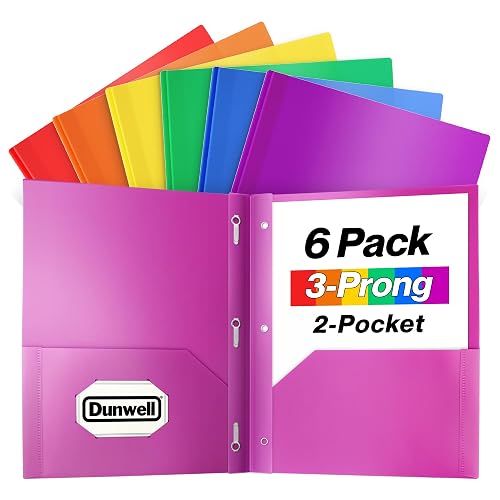 Dunwell Plastic 2-Pocket Folders with 3 Prongs, Assorted, 6 Pack | Tear-Resistant Acid-Free Poly, 3-Clasp Folders with Fasteners, Includes Labels