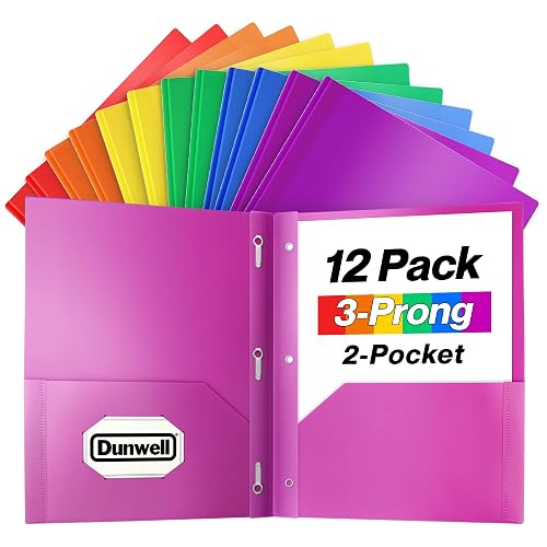 Dunwell Plastic 2-Pocket Folders with 3 Prongs, Assorted, 12 Pack | Tear-Resistant Acid-Free Poly, 3-Clasp Folders with Fasteners, Labels Included