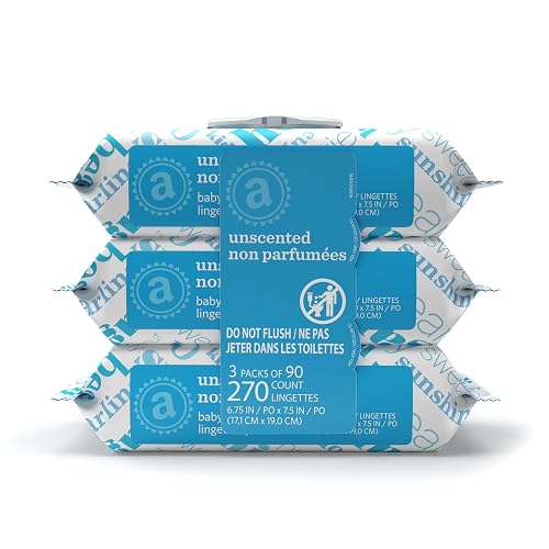 Amazon Elements Baby Wipes, Unscented, Hypoallergenic, Alcohol-Free, With Aloe and Vitamin E, 270 Count, Flip-Top Packs