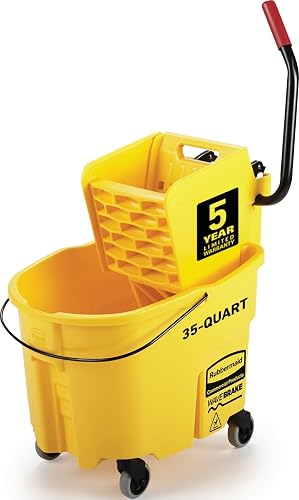 Rubbermaid Commercial Products WaveBrake 35 Qt. Side-Press Mop Bucket and Wringer Combo on Wheels Yellow for Professional/Industrial/Business Heavy-Duty Floor Cleaning/Mopping