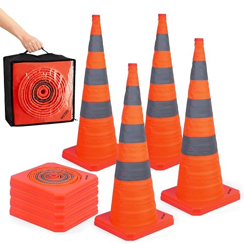 BATTIFE 4 Pack 36 Inch Collapsible Traffic Cones, Orange Safety Cones | Collapsible 36-in orange cones with reflective collar; high visibility for roads, parking lots, and training areas.