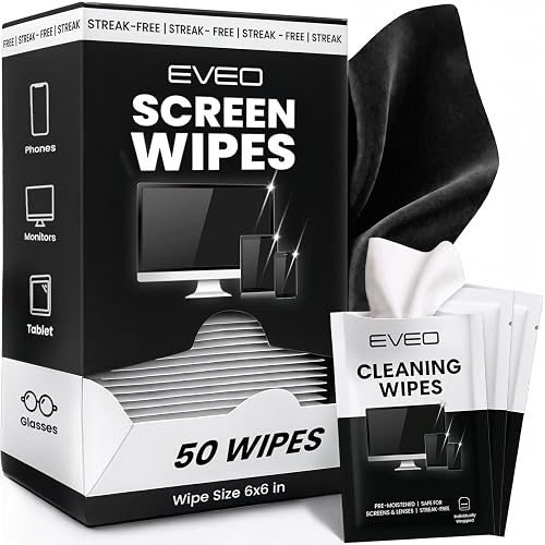EVEO Screen Wipes - Electronic Wipes, Computer Screen Cleaner Wipes for Electronics | Computer Screen Wipes Phone Wipes & Lens Wipes for PC, Laptop, Phone, Car & More - Microfiber Included (50 Pack)
