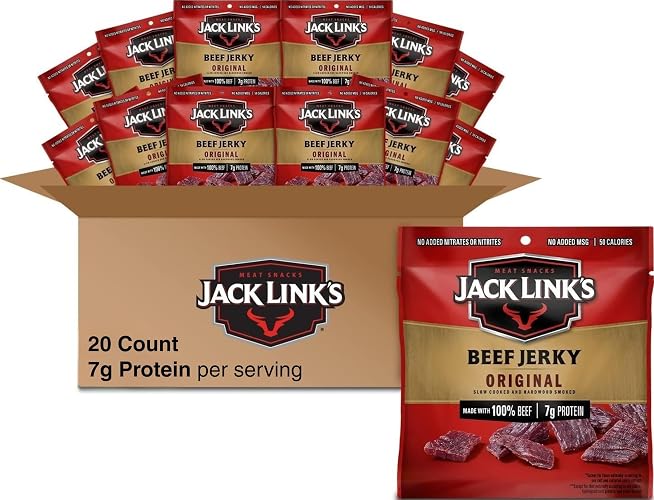Jack Link's Beef Jerky Multipack - Original - Made with 100% Real Beef - Ready to Eat Real Meat Protein Snacks - 7g Protein per Serving - 0.625 oz Bags (20 Pack)