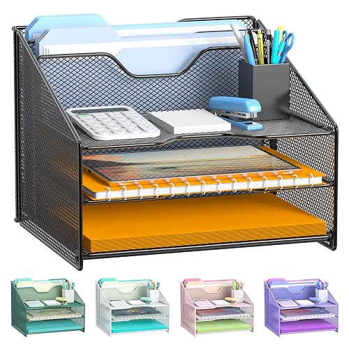 Samstar Desk File Organizer, Mesh Letter File Folder Holder with 3 Paper Trays and 2 Vertical Upright Section, for Office Supplies,Desk Accessories & Workspace,Black.