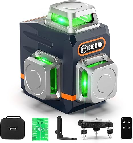 CIGMAN Laser Level Self Leveling 3x360° for Picture Hanging & Construction | Green Lazer Leveler Tool, High Accuracy & Visibility, Remote Control, Rechargeable, Strong Magnetic Bracket, for DIY Projects