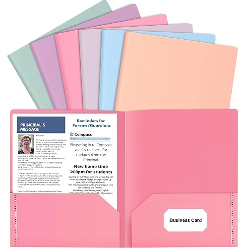 6 Pack Colored File Folders with Pockets, Pastel Pocket Folders, Plastic | Business Card Holder, Decorative, for Documents, Cute Plastic Folders for Filing Cabinet, School, Office, Resume Portfolio