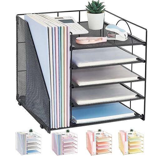 LEKETREE Desk Organizers and Accessories, 5-Tier Paper Letter Tray Organizer with File Holder, Desktop Organizer for Office Supplies (Black)