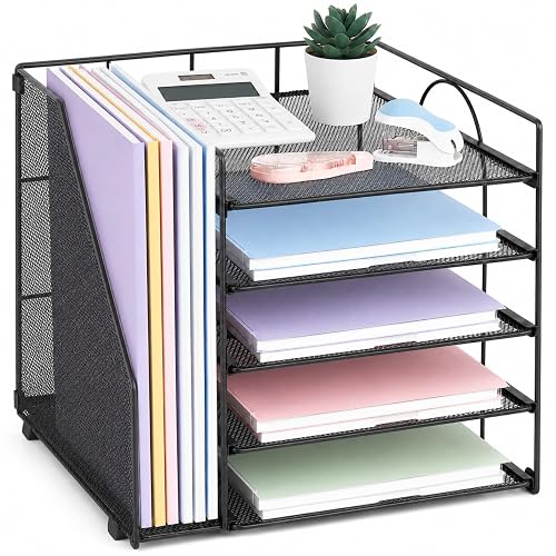 LEKETREE Desk Organizers and Accessories, 5-Tier Paper Letter Tray Organizer with File Holder, Desktop Organizer for Office Supplies (Black)