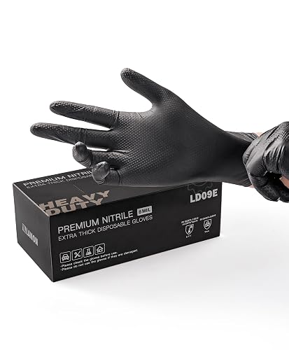 LANON Black Nitrile Disposable Gloves, EN ISO 374 Chemical Resistant, Heavy-Duty, Mechanic, Textured Fingertips, Latex-Free