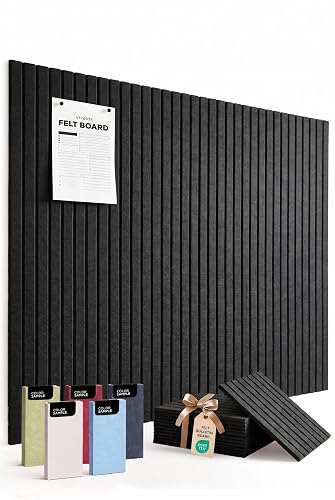 VIVELDA Large Felt Bulletin Board 48 x 36 Inch - 12-Pack Square Acoustic Wall Panels, Cork Board Alternative, NRC 0.95, Damage-Free Adhesive, Slatted Design for Home, Classroom (Black)