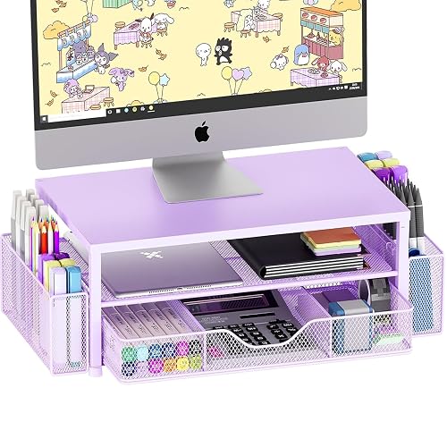 OPNICE Desk Organizer and Accessories, 2-Tier Computer Monitor Stand Riser with Drawer and 2 Pen Holders, Laptop Stand, Office Desk Accessories for Office Supplies, Purple