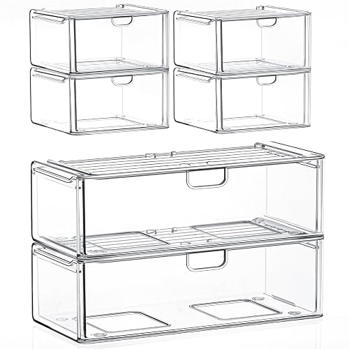 caktraie 6-Pack Acrylic Stackable Storage Drawers for Vanity, Desk, Bath | 2 large & wide 13" drawers, Smooth-glide, stackable, clear body, dustproof, wipe clean, for makeup, pantry jars, under sink