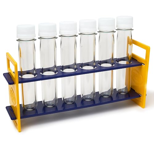 Steve Spangler Science Large Plastic Test Tubes & Rack | Science Experiments for Kids, Durable Clear Tubes with Caps for School, Camp & Homeschool Kits, Set of 6 Bottles & Rack