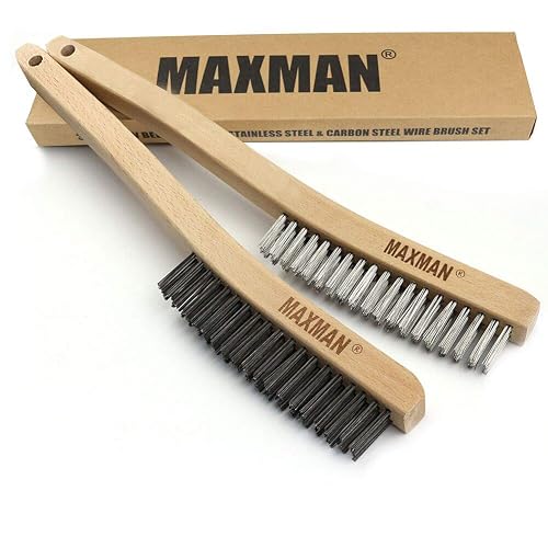 MAXMAN Wire Brush, Heavy Duty Carbon Steel and Stainless Steel Wire Brushes for Cleaning Rust, Grill, Paint Removal, Welding, Stiff Bristle Metal Brush with 14" Long Beech Wood Handle, Large, 2Pcs | Long Beech Wood Handle, Heavy Duty Wire Brushes for Cleaning Rust, Paint Removal, Welding, Stiff Bristle Metal Brush, Large