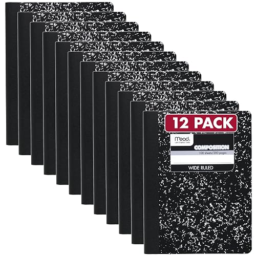 Mead Composition Notebook, Wide Ruled Paper, 7.5" x 9.75", 100 Sheets, Black Marble, 12 Pack (72936)
