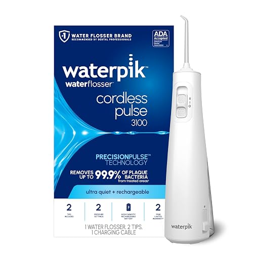 Waterpik Cordless Pulse 3100 Portable Water Flosser, Rechargeable, White | 2 Settings, 1 Precision Tip & 1 Tongue Cleaner Tip for Fresh Breath, Travel, Shower Use, ADA Accepted, WF-20 Amazon Exclusive