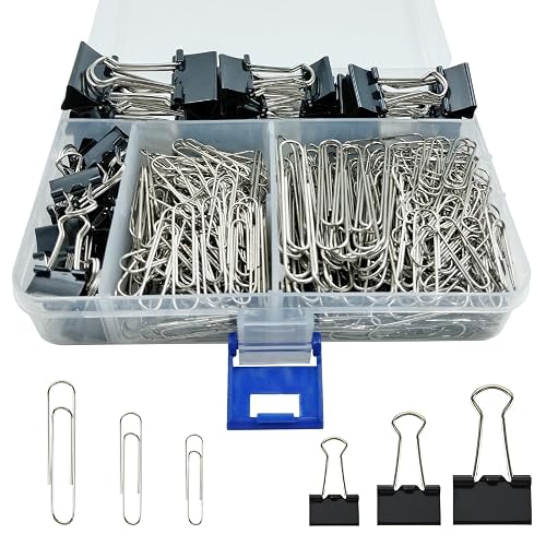 340 PCS Paper Clips and Binder Clips Assorted Sizes, Large Medium Small Silver Paperclips&Black Binder Clip Set for Home&School&Office Document Organizing,Supplies Desk Essentials in Container