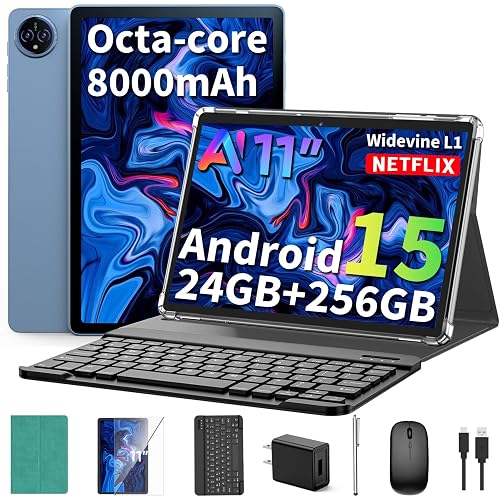 2026 11 Inch Tablet with Keyboard, Android 15 Tablet with Gemini AI(Green) | 24GB+256GB+2TB Expand, 2-in-1 Tablets with 8-Core, WiFi, 8000mAh, GMS, GPS, Electronic Tablets PC with Mouse, Case, Stylus