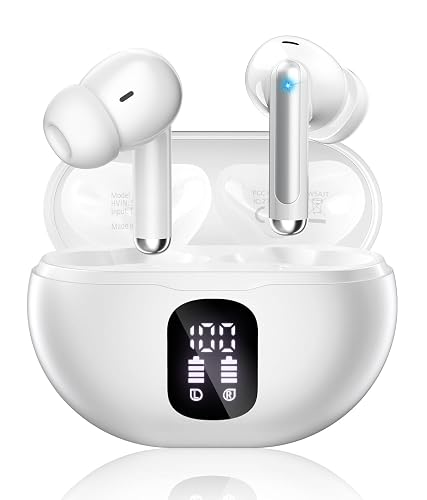 Wireless Earbuds, Bluetooth 5.4 Ear Buds Bass Stereo, Headphones with Noise Cancelling Mic, LED Display in Ear Earphones Clear Calls, IP7 Waterproof Bluetooth Earbuds for Phone/Android/iPad, White