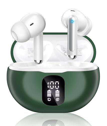Wireless Earbuds, Bluetooth 5.4 Ear Buds Bass Stereo, Headphones with Noise Cancelling Mic, LED Display in Ear Earphones Clear Calls, IP7 Waterproof Bluetooth Earbuds for Phone/Android/iPad, Green