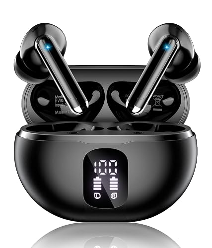 Wireless Earbuds, Bluetooth 5.4 Ear Buds Bass Stereo, Headphones with Noise Cancelling Mic, LED Display in Ear Earphones Clear Calls, IP7 Waterproof Bluetooth Earbuds for Phone/Android/iPad Dark Black