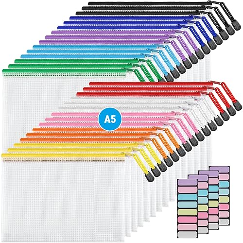 JARLINK A5 Mesh Zipper Pouches, 6x9inch Pencil Pouches for School, 30 Pack | 10 Colors Mesh Zipper Pouches, Waterproof Zipper Reusable Pouch for Office Supplies, Cosmetics, Bikini, Travel Storage