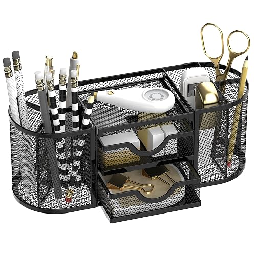 SUPEASY Mesh Desk Organizer, Pen Holder for Desk with 2 Drawers, Black | Desk Organizers and Accessories with 8 Compartments and 2 Drawers for Pens, Pencils, Scissors, Tape and Small Office Supplies