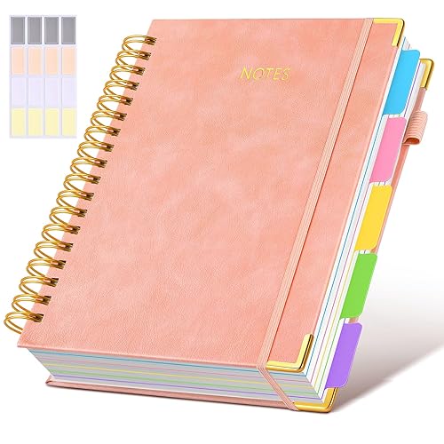 Hardcover Spiral Notebook journal with Removable Dividers Tabs, 300 Pages Leather 5 Subject Notebook College Ruled, 8"x10" Large B5 Notebooks for Work School Note taking, Lined Journal for Women,Pink