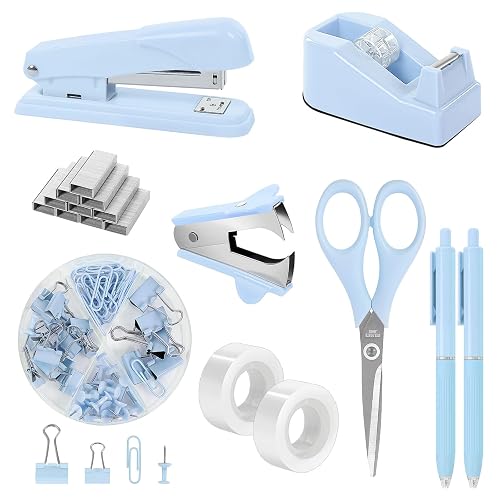 SKYDUE Blue Office Desk Accessories, Stapler and Tape Dispenser Set,10PCS | Blue Office Supplies, Stapler, Tape Dispenser, Scissors, Clips and 1000pcs Staples,Desk Supplies for Women