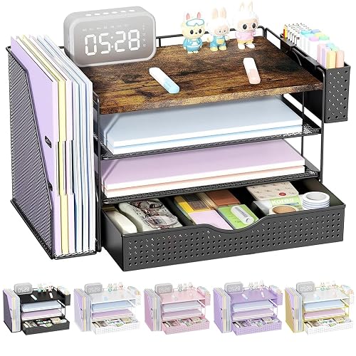Wood Desk Organizers and Accessories with File Sorters, 4-Tier Desk Accessories & Workspace Organizers with Drawer and Pen Holder, Desk Reference Organizer (Wood, 4T with Drawer)