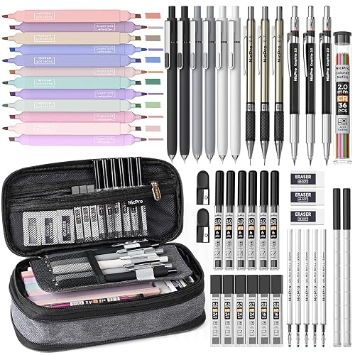 Nicpro School Supplies Stationary Set with Pencil Case, 50 PCS Black | Back to Schoo Supplies, Pen Case with 12 Highlighter, 5 Gel Pen, 6 Mechanical Pencil, Essentials for College, Nursing Student