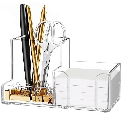 HBlife Acrylic Pen Holder for Desk, 3-Compartment Small Desk Organizer, Clear Office Supplies Desk Accessories with Sticky Notes Holder Stores Post It Notes 3X3 for Office, Home and School