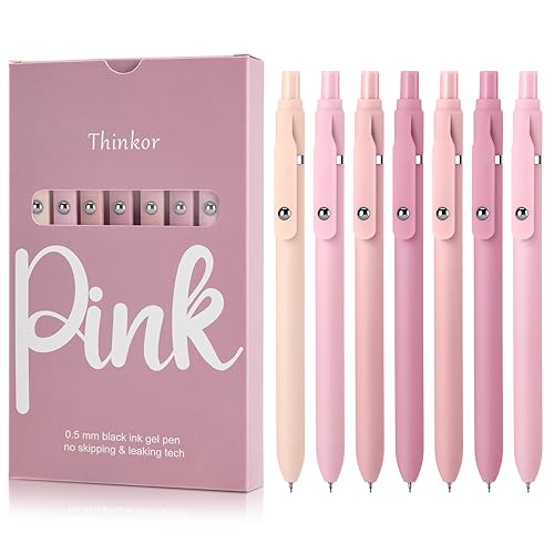 thinkor Gel Pens Black Ink, 7 Pcs 0.5mm Quick Dry Fine Point Smooth Writing Pens, Cute Office School Supplies Gifts for Women Student (7 Pcs Pink - Black Ink)