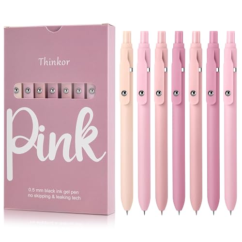 thinkor Gel Pens Black Ink, 7 Pcs 0.5mm Quick Dry Fine Point Smooth Writing Pens, Cute Office School Supplies Gifts for Women Student (7 Pcs Pink - Black Ink)