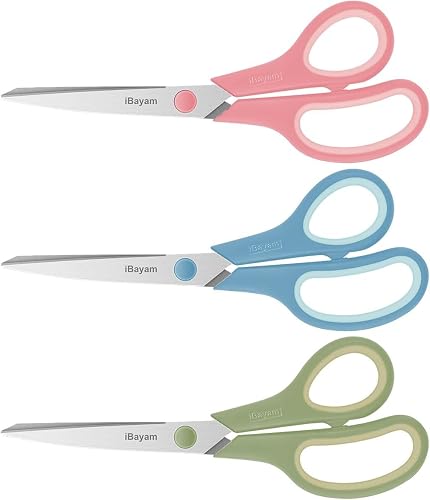 iBayam 8.5" Pastel Scissors All Purpose Heavy Duty 3Pack, 2.5mm Sharp Blade | Soft Comfort-grip | Left/Right Handed | Cuts cardboard, fabric, vinyl & leather | office, classroom, school & craft desk