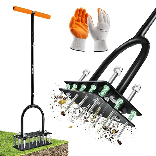 Saker Manual Lawn Aerator Tool with 15 Iron Spikes Orange | Double-Layer Soil-Ejecting Spring, Adjustable Height,Heavy-Duty Iron, Included Gloves for Aerating Patio, Yard, Garden