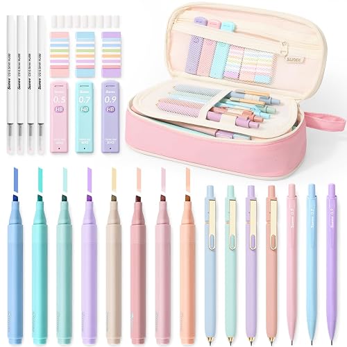 SUNEE Pencil Case with Supplies, 35PCS Aesthetic Stationery Set with Pastel Highlighters, Black Gel Pens, Mechanical Pencils & Refills, Cute School Supplies for Teachers Girls College Pink