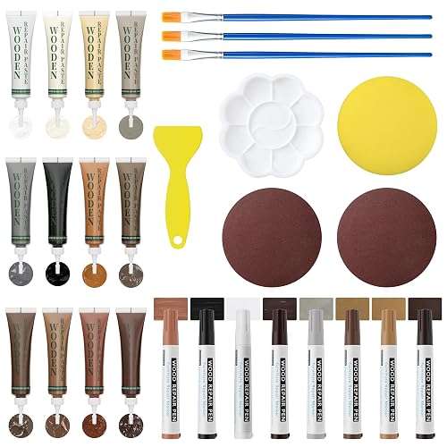 XCZNAGS Wood Repair Kit: 12-Color Wood Filler and 8-Color Furniture Markers Touch Up for Scratches/Holes/Stains/Cracks in Floors/Table/Cabinets(Laminate/Hardwood)