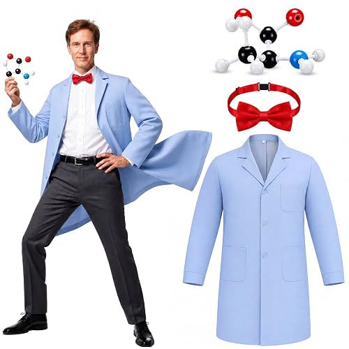 Hercicy 3 Pcs Halloween American Scientist Costume Set | Light Blue Lab Coat with Red Bow Tie and Molecule Kit, Adult Scientist Cosplay Outfit for Halloween Party Dress up