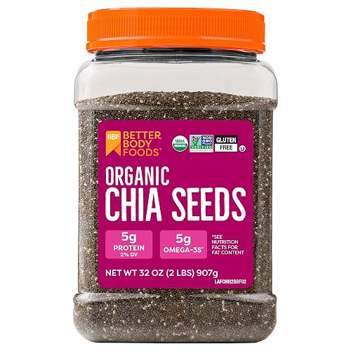 BBF Organic Chia Seeds 32 Oz, Omega-3 & Fiber, Pudding, Smoothies, Oatmeal | High Fiber Chia Seeds, Omega 3s, Plant-Based Protein, Overnight Oats, Egg Replacement for Baking, BetterBody Foods