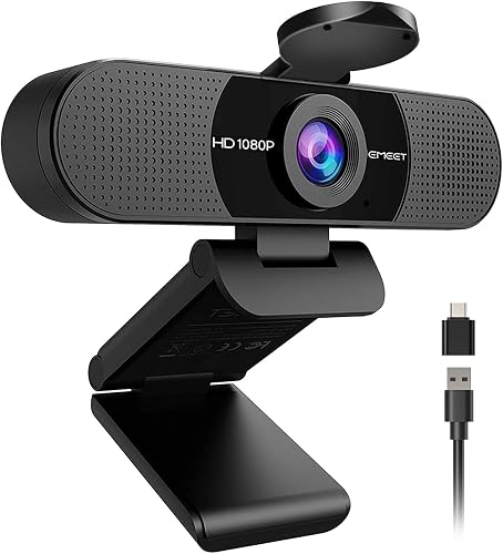 EMEET C960 1080P Webcam with Microphone, 2 Mics, 90° FOV, Computer Camera | USB Type-A & A-to-C Adapter, Fixed Focus, Plug&Play for Zoom/Teams/Facetime/YouTube/Google Meet/Switch 2 Camera, 2025 Version