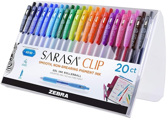 Zebra Pen SARASA Clip Retractable Gel Pen, Rainbow Assorted Ink, 20-Pk | Fine 0.5mm Point Tip, Vibrant Ink, Ideal for Planners, School and Office Supplies, Journaling and Note-Taking (47220)